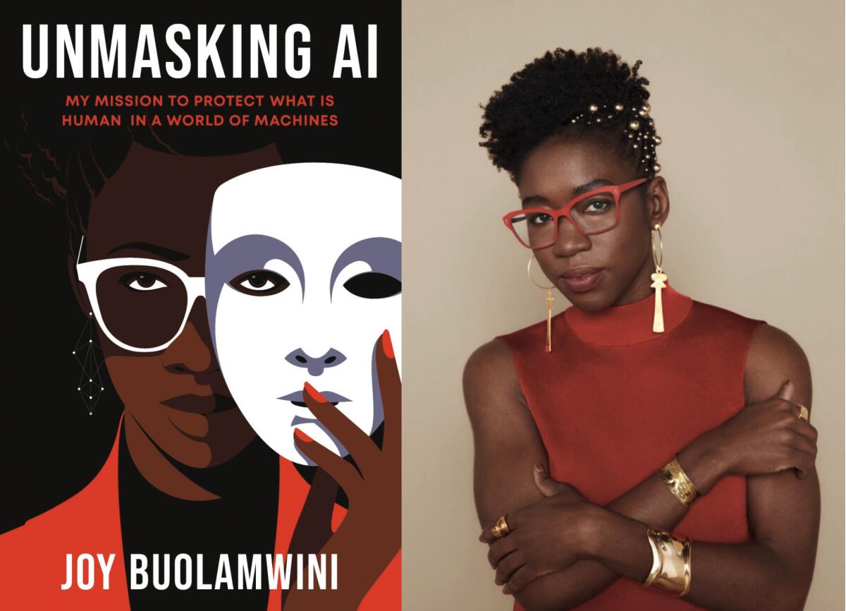 Unmasking AI book gover on the left. Joy Buolamwini on the right. Buolamwini is a black women wearing an orange shirt in front of a white background. 